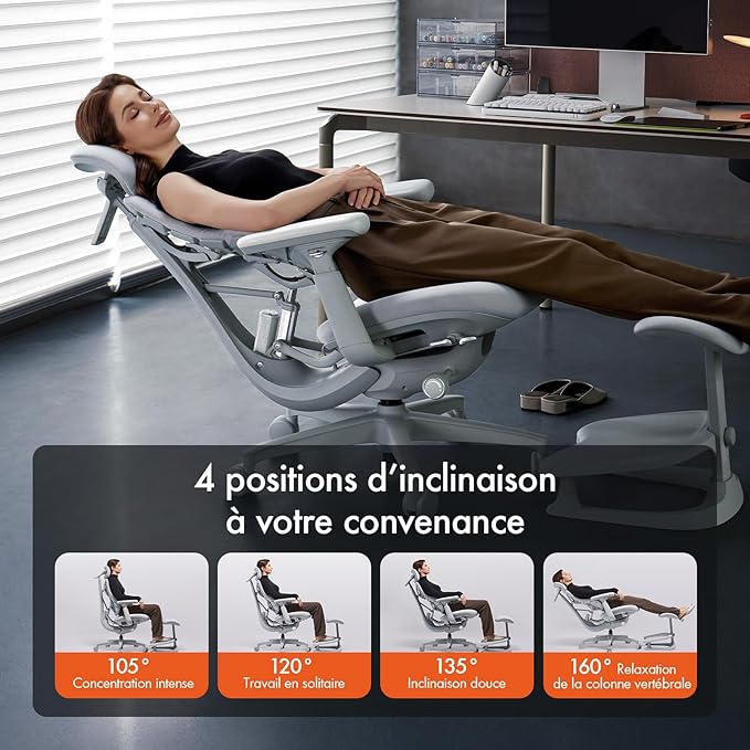 LiberNovo Dynamic Ergonomic Desk Chair + StepSync Footrest + Extra Battery Bundle - Comfy Home Office Chair with Adaptive Lumbar Support, 160° Recline & Built-in Spine Stretch, Gray+48cm