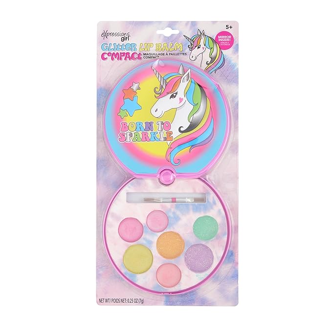 Girl Glitter Lip Balm Compact - Fruit Flavored Gloss Safe Non-Toxic Set Girls Gift, Kids Makeup Favor, Travel Size Cosmetic Assortment