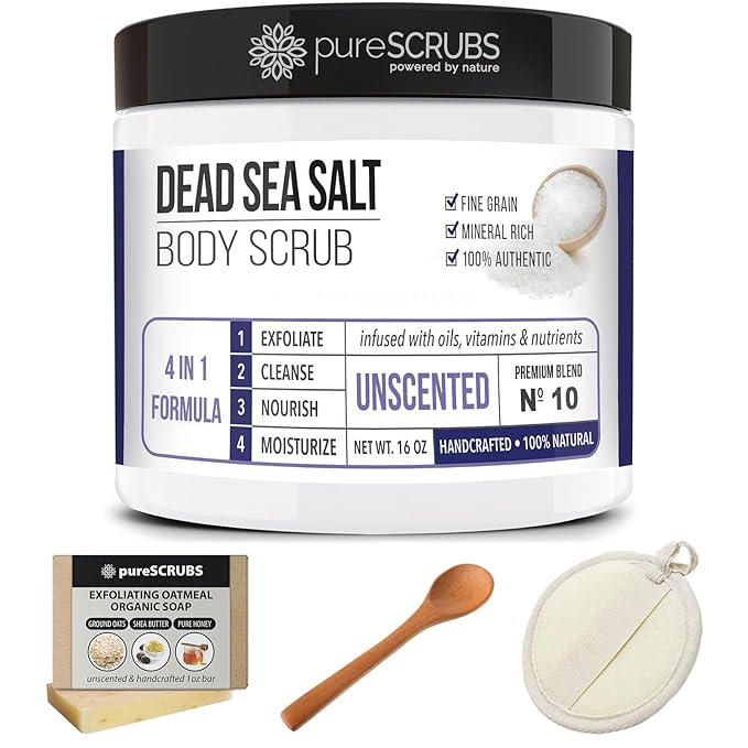 pureSCRUBS Premium Unscented Body Scrub Set - Large 16oz Dead Sea Salt Scrub, Sensitive Dry Skin Formula Includes Wooden Spoon, Loofah & Oatmeal Exfoliating Bar Soap - Spa Gift For Women