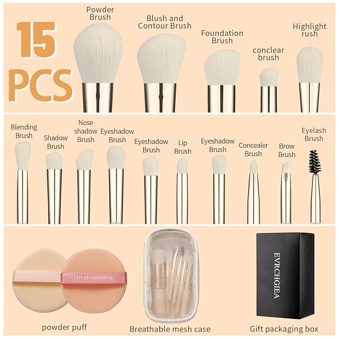 Travel Makeup Brush Set, 15 pcs Mini Makeup Brushes and 2 Puff for Foundation, Powder, Eyeshadow, Highlight, Contour, Blush & Concealer, Small Makeup Brush Set Purse Size with Case (skin tone)