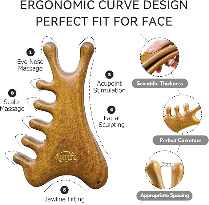 Wooden Gua Sha Facial Tool, Ergonomic Guasha Tool for Face Contour & Jawline Sculpting Massager – Natural Sandalwood Lymphatic Face Massage Tool for Puffiness & Stress Relief, Gift for Women