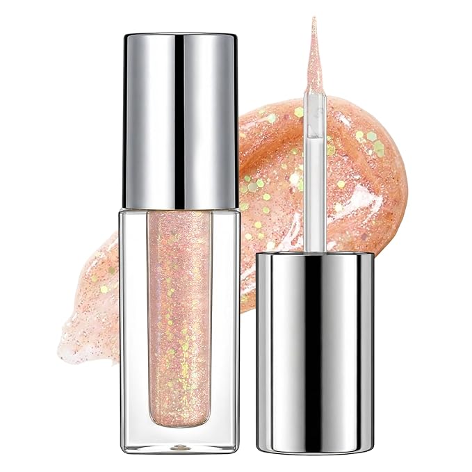 Erinde Liquid Glitter Eyeshadow Eyeliner, Korean Makeup Bling Under Eye Shadow, Shimmer Metallic, Lightweight Waterproof Long Wearing, Loose Glue for Sparkly Crystals Eye Makeup, Golden Pink Sequins