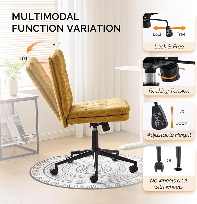 VINGLI Mid Back Armless Office Desk Chair with Wheels/no Wheels,360°Rocking Swivel Vanity Chair with Thickened Cushion,Adjustable Height Rolling for Reading Room, Make up, Linen Ginger Yellow