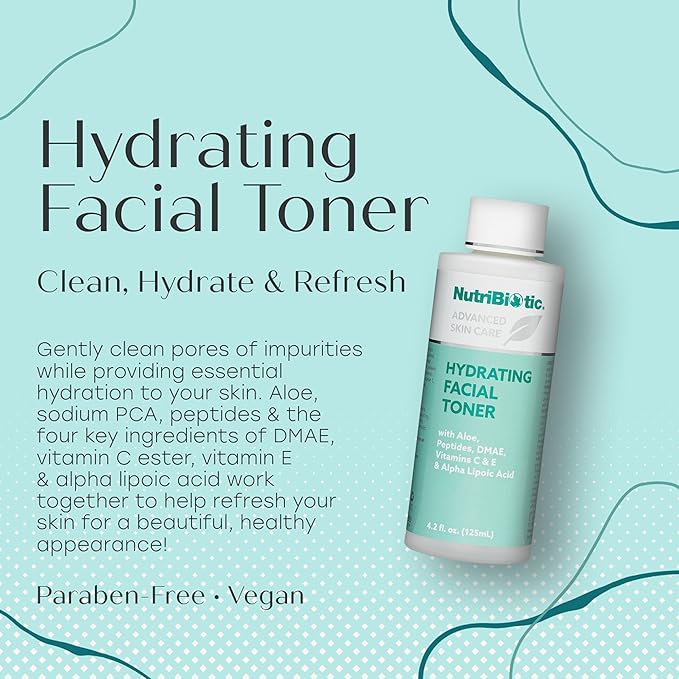 NutriBiotic Hydrating Facial Toner, 4.2 Fl Oz with GSE | with Peptides, Aloe, DMAE, Vitamin C Ester, Tocotrienols & Alpha Lipoic Acid | Vegan & Paraben Free