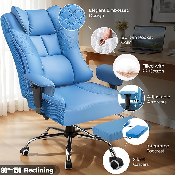 GTPLAYER Big and Tall Office Chair 400LBS Wide Ergonomic Gaming Chair with Deluxe Embossing Designed Leather with Foot Rest,150°Reclining Adjustable Soft Armrests Pocket Spring Back Support and Pillow