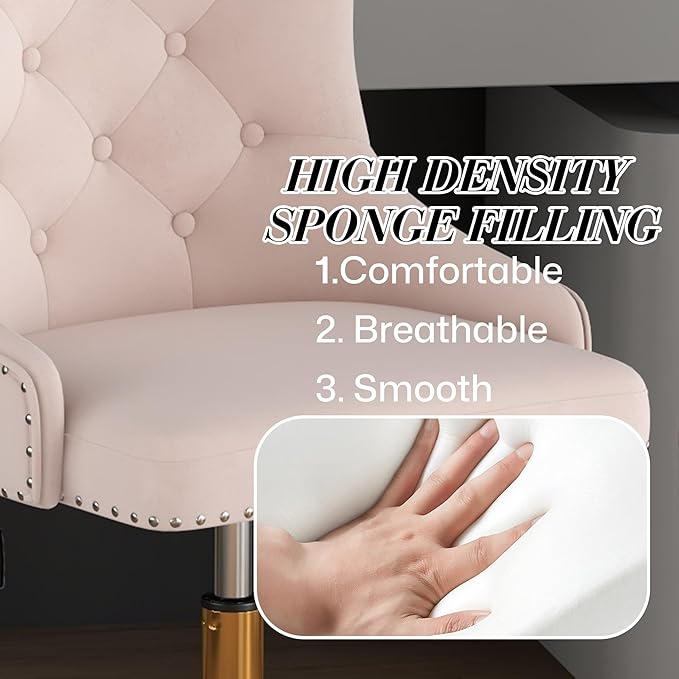 Velvet Armless Home Office Desk Chair, Swivel Height-Adjustable Small Cute Vanity Chair for Women/Girls, Comfy Makeup Chair with Rivet and Gold Base for Living Room, Bedroom(Light Pink)