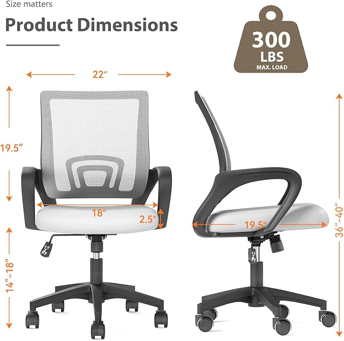 Home Office Chair, Ergonomic Mid-Back Mesh Desk Chair with Lumbar Support, Adjustable Swivel Rolling Design, Comfy Armrest for Work, Study, Gaming, Vanity (White, Single Chair)
