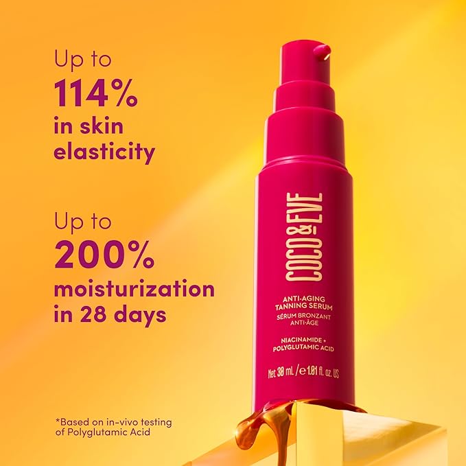 Coco & Eve Anti-Aging Tanning Serum - Face tanner with Skincare Actives for Gradual, Hydrating Glow. Natural Self Tanning Bronzer, with Niacinamide & Antioxidants for Healthy Glowing Skin (1.01 Fl Oz)