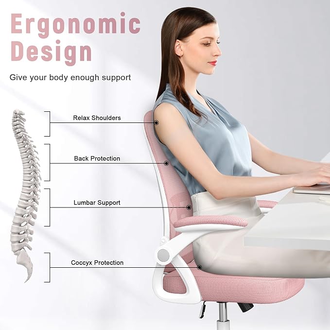 naspaluro Ergonomic Office Chair, Computer Chair with Adjustable Height, Flip-Up Arms and Lumbar Support, Breathable Mesh Desk Chair for Home Study Working (Without Headrest, Pink)