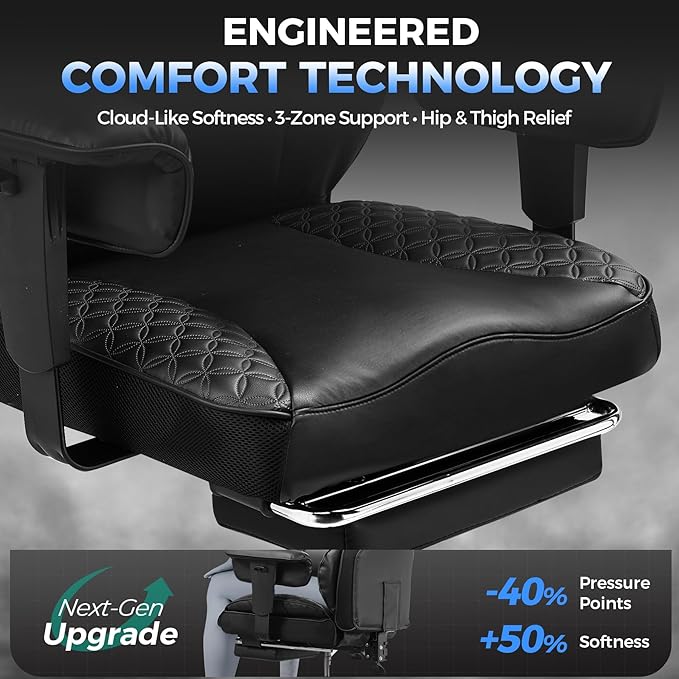 COMHOMA Big and Tall Office Chair Heavy Duty Gaming Chair with Deluxe Embossing Leather High Back Wider Ergonomic Computer Chair with Foot Rest 150°Reclining Pocket Spring Lumbar Support