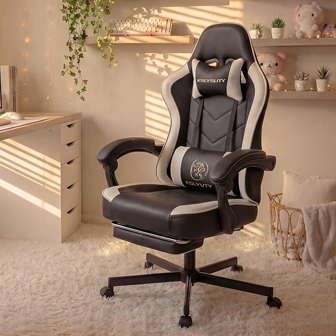 Office Chair Breathable Leather with Pocket Spring Cushion, Wide and High Ergonomic Office Chair with Headrest, Computer Gaming Chair with Footrest for Adult, Black and White