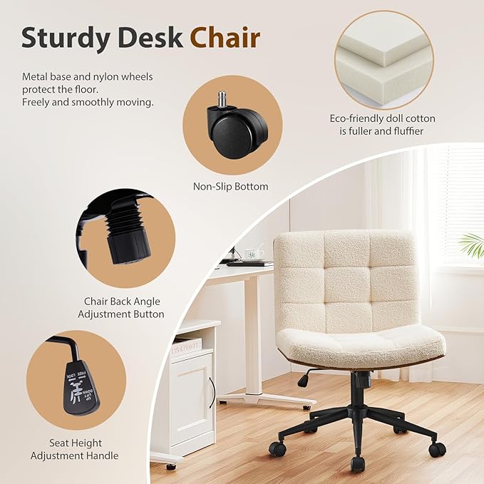 Furnimart Heavy-Duty FSC Wooden Wide Desk Chair, 360° Swivel Criss Cross Office Chair with Wheels, Comfy Cross Legged Sitting, Armless Rolling Chair for Bedroom, Office, Vanity (Faux Fur White)