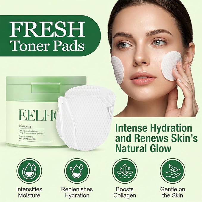 70 Count Toner Pads，Infused with Centella Asiatica Extract & Collagen to Improve Uneven Skin Tone and Deeply Hydrate, Repairing Skin Dark Spots and Dullness Suitable for All Skin Types