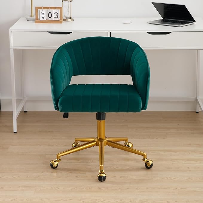 Westice Home Office Desk Chairs, Modern Velvet Rolling Chair, Height Adjustable Swivel Vanity Chair with Metal Base, Ergonomic Chair for Study, Living Room Computer Room, Green