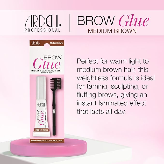 Ardell Brow Glue Medium Brown – Tinted Brow Gel for Lamination Lift, Strong Hold Eyebrow Gel Styler with Brush for Fuller Natural Brows, 0.35 oz
