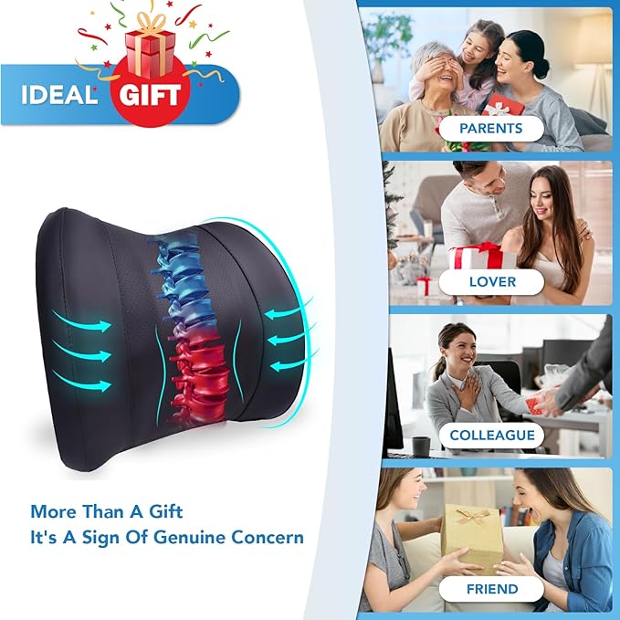 Lumbar Support Pillow for Car, Memory Foam Lumbar Pillow for Lower Back Pain Relief - Back Cushion for Driving, Chair Support for Car-Office Chair, Wheelchair - Classic Black