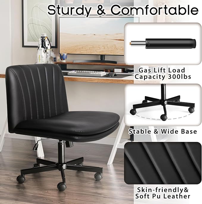 PUKAMI Criss Cross Chair,Comfy Cross Legged Office Desk Chair No Wheels,Modern Fabric Swivel Adjustable Height Mid Back Wide Seat for Home Office Computer (Pu Black with Wheels)