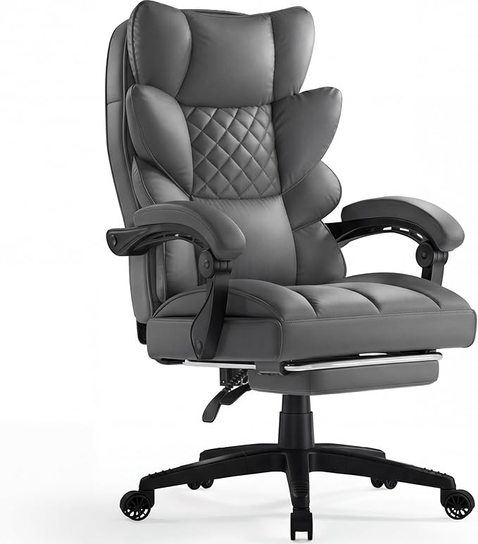 Dowinx Big and Tall Office Chair with Pocket Spring Cushion,High Back Computer Gaming Chairs with Linkage Armrests,Executive Desk Chairs with Footrest,PU Leather-Grey