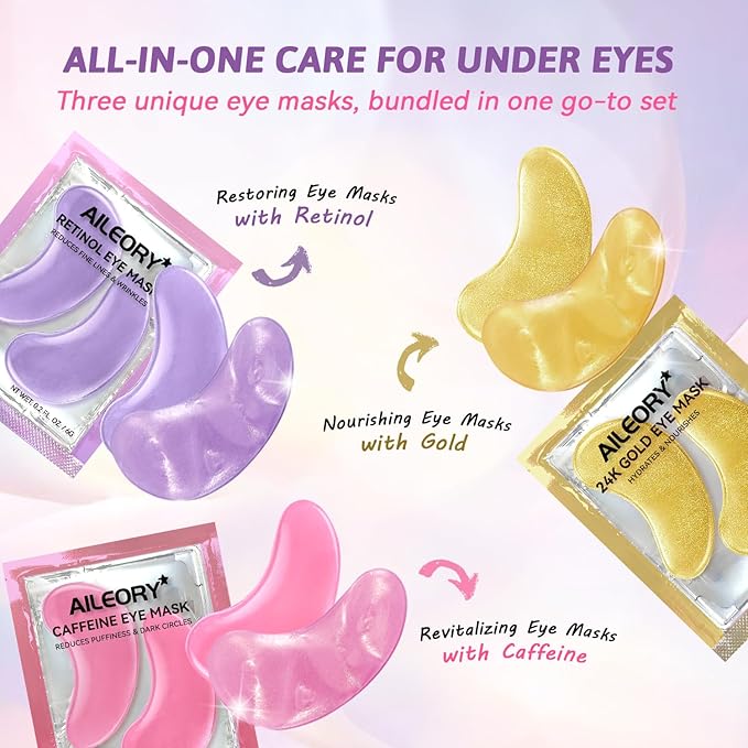 Under Eye Patches for Dark Circles, Puffiness, Fine Lines, Eye Mask Set with Retinol, 24K Gold, Caffeine, Gel Mask for Easter, Birthday & Spa Party Favors, Easter Basket Stuffers, 24 Pairs
