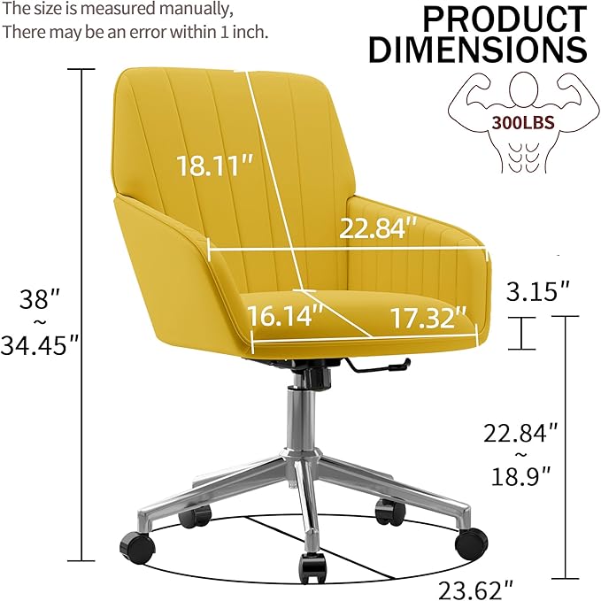 YISHENG Velvet Office Desk Chair with Silver Base, with Wheels,Modern Height Adjustable 360 Degree Swivel Upholstered Vanity Chairs with Arms for Living Room Bedroom,Yellow