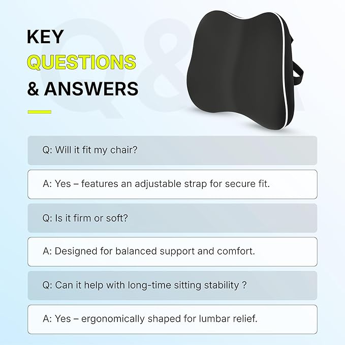 Teemtan Lumbar Support Pillow for Office Chair & Car – Ergonomic Memory Foam Back Cushion with Cooling Cover & Adjustable Strap – Support for Better Posture and Sitting Comfort