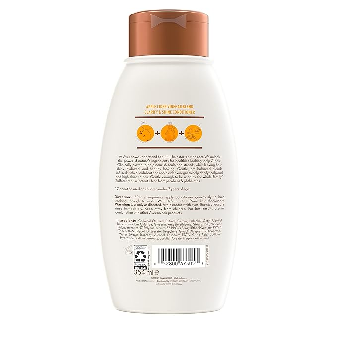 Aveeno Apple Cider Vinegar Sulfate-Free Conditioner for Balance & High Shine, Daily Moisturizing & Scalp Soothing Conditioner for Oily or Dull Hair, Paraben & Dye-Free, 12oz (Pack of 2)