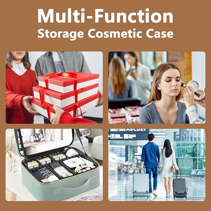 Makeup Bag with Mirror,with Mirror 3 Color Setting and Detachable 10x Magnifying Mirror Large Vanity Makeup Cases,Portable Storage and Adjustable Dividers, for Women and Makeup Artists-Brown