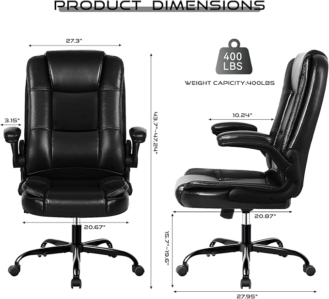 VITESSE Ergonomic Office Chair with Flip-up Armrests, Big and Tall Leather Executive Office Chair, High Back Lumbar Support Home Computer Desk Chair, Heavy and Duty Computer Chair (Black)