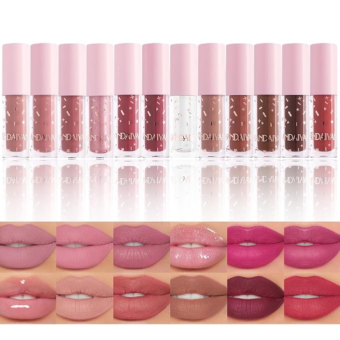 12Pcs Nude Matte Liquid Lipstick Set, Waterproof Long Lasting Non-Stick Cup 12 Colors Nude Lipstick 24 Hour Not Fade Matte Lipstick Professional Lip Gloss Makeup Valentine's Day Gift Sets for Women