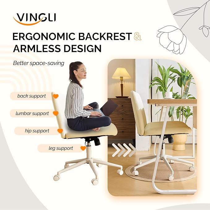 VINGLI Criss Cross Legged Chair,Wide Comfy Office Desk Chair,Dual-Use with/no Wheels Computer Task Chair,Swivel Armless Vanity Rolling Chair for Study,Make Up,Home Office,Cat Scratch PU Leather,Beige