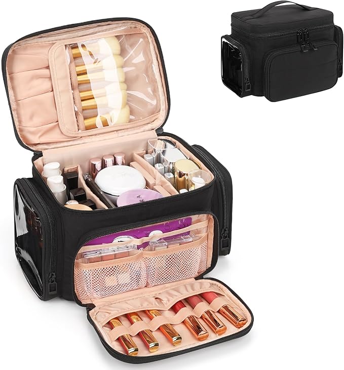 Travel Makeup Bag, Lightweight Large Makeup Bag Organizer for Women Girls with Makeup Brush Compartment & Two Side Pockets, Cosmetic Travel Bag Vertical Storage- Black02