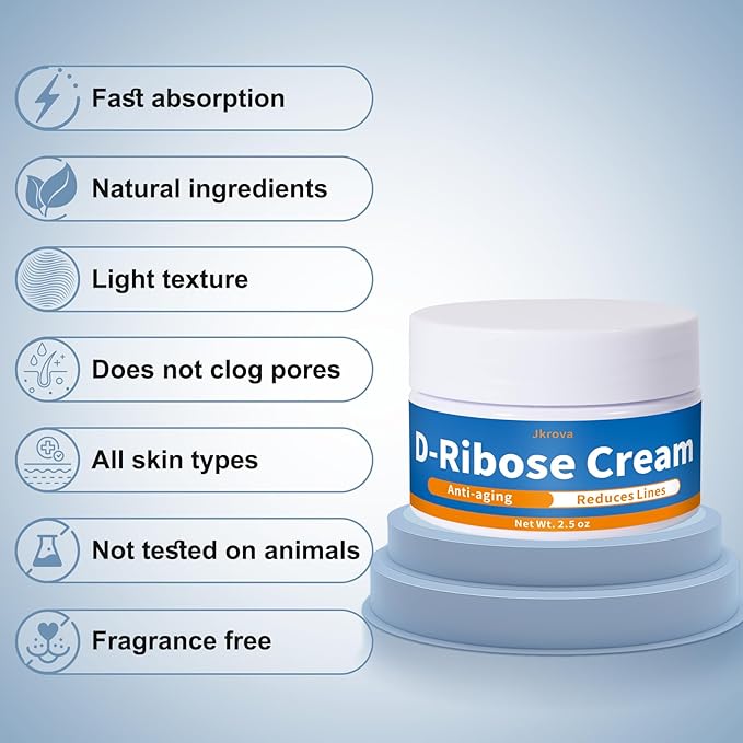 Ribose Cream, Ribose Sugar for Skin, Reduces Wrinkles, Moisturizer, Tightens & Firms the Skin, with D-Ribose Fractionated Coconut Oil and Grapeseed Oil, for All Skin Types, 2.5 oz