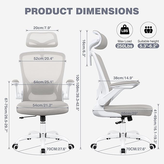 Office Desk Chair, Ergonomic Mesh Office Chair with Adjustable Lumbar Support, Headrest, Flip-up Armrests, Comfortable Computer Chairs for Home, Work, Gaming, (Light Gray, 4 Pack)