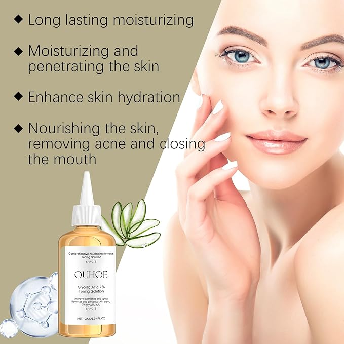 Glycolic Acid 7% Toning Solution, Gentle & Refreshed OUHOE Glycolic Sour 7% Toning, Glycolic Sour 7% Toning, Soothes and Hydrates the Skin, Exfoliating Serum for Face, Astringe Pores (2pc)