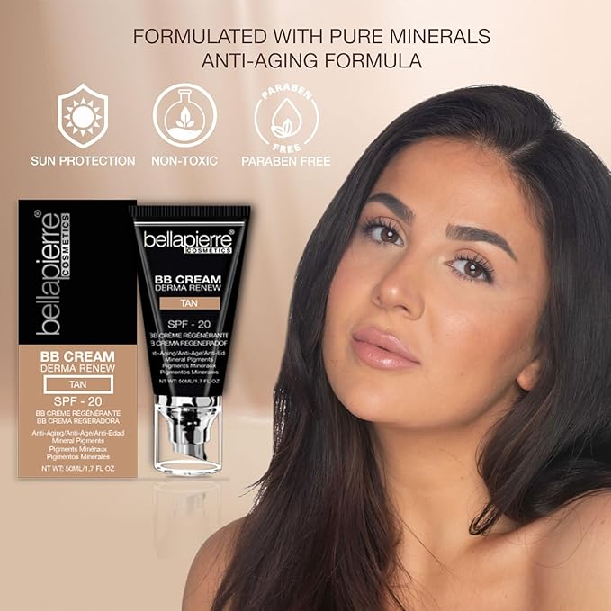 Bellapierre BB Cream SPF 20 – Mineral Sunscreen & Liquid Foundation, Lightweight Face Moisturizer with Buildable Coverage, Matte Finish, Non-Toxic, Paraben-Free, Cruelty-Free – 1.7 oz - Tan
