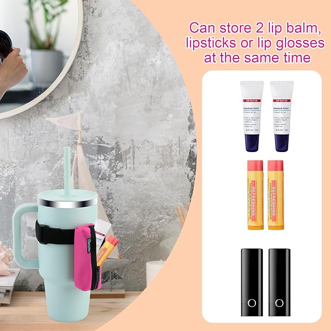 Beautyflier Water Bottle Lipstick Keychain Holder, Lip Balm Sleeve Pouch, Lipstick Attachment for Stanley 40oz Tumbler Cup, Lip Gloss Holder Keychain for Women Girls Travel Accessories (Hot Pink)