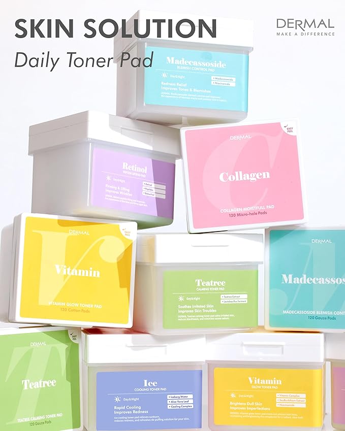 DERMAL Collagen Moistfull Toner Pad - Korean Toner Pad for Elasticity & Wrinkle Improvement with Peptides - Travel Kit 12 Pads, 3 Pack (Total 36 Pads)