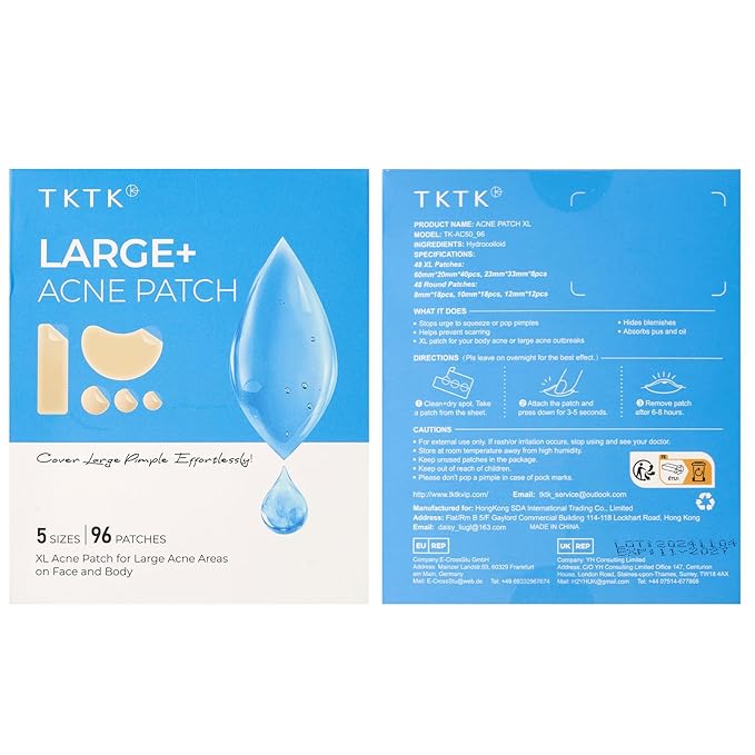 TKTK Pimple Patches, XL Hydrocolloid Patches for Face 60 x 20 mm, Big Acne Patches for Body, Forehead, Chin, Neck Zit Breakouts, Hydrocolloid Bandages (Strip, Contoured, Dot 5 Sizes 96 Count)