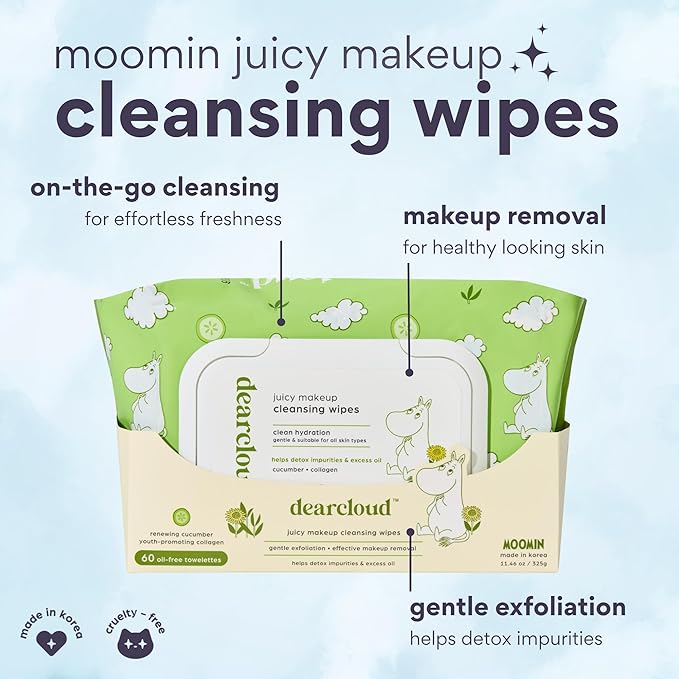 Moomin Juicy Makeup Cleansing Wipes - 60 count- Cucumber & Collagen Makeup Remover Towelettes (Renewing Cucumber)