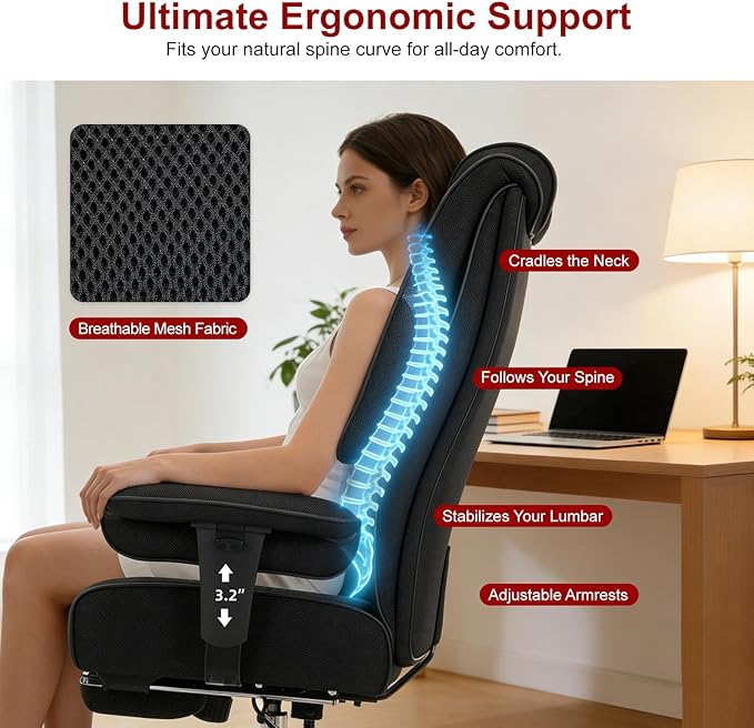 Big and Tall Office Chair 400lbs Wide Seat, Leather High Back Executive Office Chair with Lumbar Support, Ergonomic Chairs Padded Armrests & Thick Cushion (Mesh Dark Black)