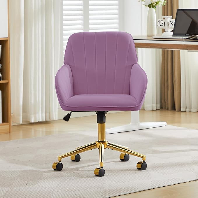 YITAI Velvet Office Desk Armchairs with Gold Base and Wheels,Modern Height Adjustable 360 Degree Swivel Upholstered Vanity Chairs for Living/Room Bedroom/Study,Light Purple