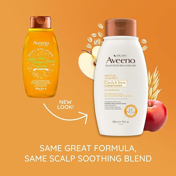 Aveeno Apple Cider Vinegar Sulfate-Free Conditioner for Balance & High Shine, Daily Moisturizing & Scalp Soothing Conditioner for Oily or Dull Hair, Paraben & Dye-Free, 12oz (Pack of 2)
