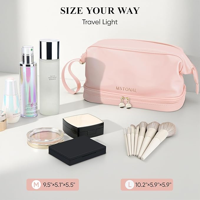 Travel Makeup Bag, Large Capacity Double Layer Cosmetic Bags for Women, Waterproof Portable Make Up Skincare Pouch with Makeup Brush Organizer, Toiletry Bag for Essentials, Pink