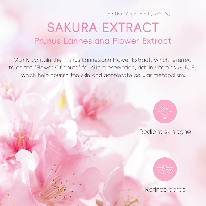 Cherry Blossom Skin Care Gift Set for Teenage Girls Women, 5 Piece Hydrating & Cleaning Skincare Sets Routine Kit with Cleanser , Toner, Serum, Eye Cream, Essence Cream Anti-Aging Skin