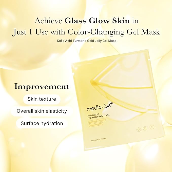 medicube Color-Changing Jelly Mask Set For Uneven Skin Tone & Radiant Glow: Salmon DNA PDRN pink collagen jelly gel mask (4ea) and Kojic Acid Turmeric Brightening Gold Jelly Gel Mask (4ea)