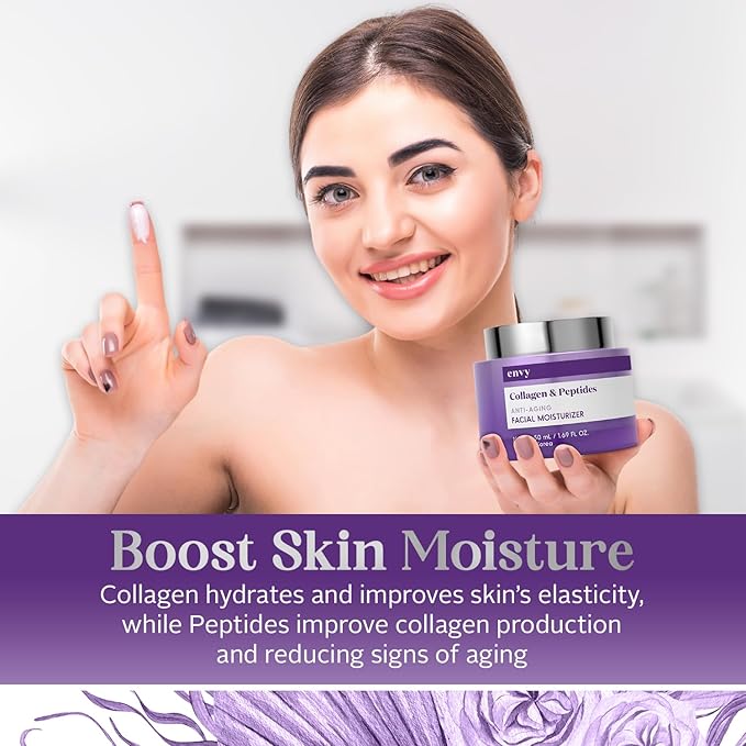 Envy Collagen & Peptides Face Moisturizer Cream - Improves Skin Texture, Reduces Fine Lines & Wrinkles - Anti-Aging, Dermatologist Tested for All Skin Types - 1.69 Fl. Oz
