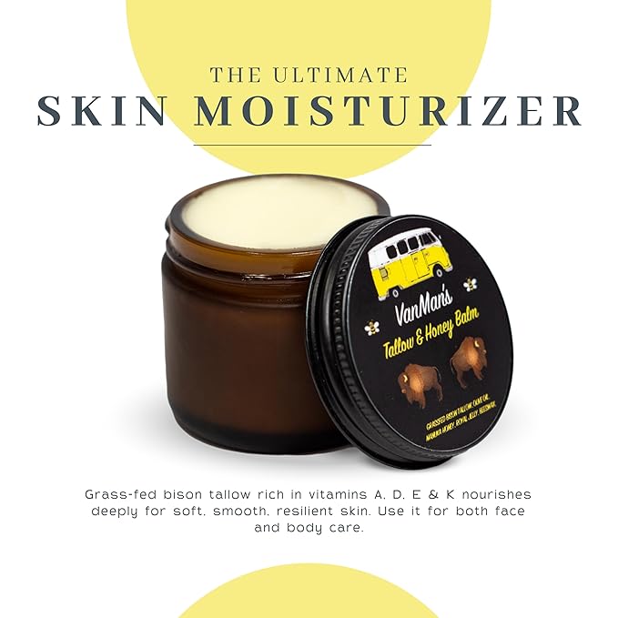 Vanman’s Tallow and Honey Balm - Grass-Fed/Finished Bison Tallow, Raw Manuka Honey, Organic Royal Jelly, Beeswax, Cold Pressed Olive Oil - Unscented Tallow Skin Care for Dry Skin - 2.4 oz