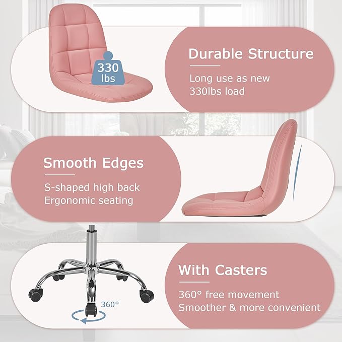VECELO Stylish Height Adjustable Faux Leather Vanity Chair, Modern Swivel Makeup Chair with Rolling Wheels, Comfortable Padded Task Chair for Bedroom, Dressing Room & Home Office – Pink