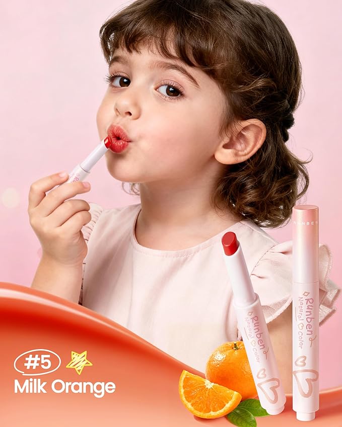 RUNBEN Kids Tinted Lip Balm, Milk Orange Lips Gloss, 24H Moisturizing, Safe & Non-toxic Lipstick for Teen Girls, Birthday Makeup Gift for Daughter
