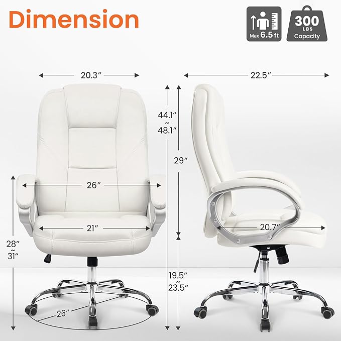 NEO Chair Office Desk Ergonomic Gaming Chair High Back Adjustable Computer Chair with Wheels and Lumbar Support Comfy Leather Executive Swivel (White)